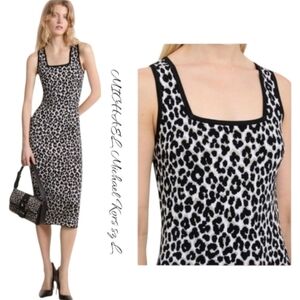 Michael Kors Leopard Print Fitted Knit Midi Dress sz L